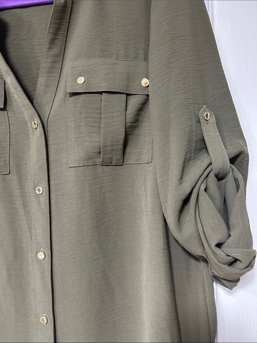Calvin Klein Olive Green Button-Up Utility Blouse- large - Picture 3 of 6